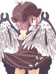  :d bird_wings brown_eyes dress dress_lift frilled_dress frills from_behind hat jagabutter looking_at_viewer looking_back mystia_lorelei open_mouth pink_hair short_hair smile solo touhou wings 