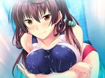  1girl bathroom blush breast_hold breasts brown_hair collarbone erect_nipples female game_cg highres large_breasts leaning_forward legs long_hair looking_at_viewer marushin_(denwa0214) orange_eyes shinohara_katsumi shower smile solo standing supokon!_sports_wear_complex swimsuit thighs water wet wet_clothes 