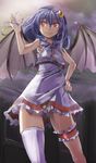  bare_shoulders bat_wings blue_eyes commentary_request fang fang_out hair_ornament hand_on_hip heart heart_hair_ornament leg_garter no_hat no_headwear panties red_eyes remilia_scarlet see-through shirt short_hair skirt skirt_set sleeveless sleeveless_shirt slit_pupils smile solo thighhighs touhou underwear white_legwear white_panties wings yohane 