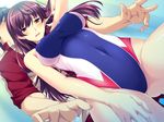  1girl adjusting_hair black_hair blush breasts from_below game_cg highres large_breasts legs long_hair looking_down marushin_(denwa0214) red_eyes shinohara_katsumi short_hair sleeveless smile standing supokon!_sports_wear_complex swimsuit thighs tsuji_tatsuya 