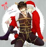  bdsm black_hair bondage boots bound gag gintama halftone halftone_background hijikata_toushirou kneeling male_focus multiple_boys reindeer_antlers rope sakata_gintoki santa_costume silver_hair sitting 