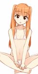  2015 :d barefoot bikini crossed_legs dated flat_chest gin_(ginshari) hair_ornament hairclip head_tilt highres looking_at_viewer navel open_mouth orange_hair original simple_background sitting smile solo swimsuit twintails white_background white_bikini 