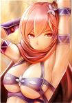  armlet armor armpits arms_up awakening_(sennen_sensou_aigis) berna_(sennen_sensou_aigis) bikini_armor breasts hair_ornament hairpin large_breasts looking_at_viewer nannacy7 pink_hair scarf sennen_sensou_aigis short_hair smile solo underboob upper_body vambraces 