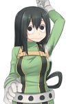  :&gt; armpits asui_tsuyu black_eyes black_hair blush bodysuit boku_no_hero_academia breasts eyelashes gloves green_bodysuit hair_rings kou_(garakuta_teikoku) large_breasts long_hair low-tied_long_hair skin_tight solo sweat 