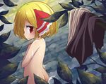  blonde_hair butt_crack clothes covering covering_breasts hair_ribbon jagabutter leaf nude red_eyes ribbon rumia short_hair solo touhou water wet 