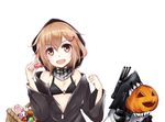  :d bare_shoulders basket brown_eyes brown_hair candy clenched_hand colis_(regunm772) cosplay fang food hair_ornament hairclip halloween hood hoodie ikazuchi_(kantai_collection) jack-o'-lantern kantai_collection looking_back macaron o-ring o-ring_top off_shoulder open_mouth re-class_battleship re-class_battleship_(cosplay) scarf short_hair simple_background smile striped striped_scarf white_background 