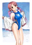  brown_eyes competition_swimsuit highleg highleg_swimsuit highres jacket long_hair mashinatsu one-piece_swimsuit original red_hair solo swimsuit track_jacket twintails 