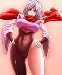 absurdres asymmetrical_clothes asymmetrical_legwear blue_eyes bodysuit breasts cameltoe covered_mouth covered_navel cowboy_shot hands_on_hips hattori_hanzo_uruka highres large_breasts ninja red_scarf scarf short_hair shoulder_pads silver_hair solo taut_clothes urujika wide_sleeves yatagarasu_(game) 