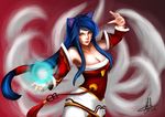  ahri animal_ears bare_shoulders breasts brown_eyes casting_spell cleavage collarbone detached_sleeves energy_orb facial_mark fox_ears ikhwan_maulana korean_clothes large_breasts league_of_legends lips long_hair looking_at_viewer magic multiple_tails nose red_background signature smile solo tail upper_body whisker_markings 