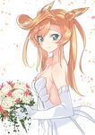  abukuma_(kantai_collection) alternate_costume backless_dress backless_outfit bare_back bare_shoulders blonde_hair blue_eyes bouquet bridal_gauntlets detached_sleeves double_bun dress elbow_gloves flower gloves hair_rings kantai_collection long_hair looking_at_viewer sensen smile solo twintails wedding_dress white_gloves 