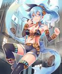  &gt;:) bare_shoulders blue_eyes blue_hair blue_ribbon breasts building cleavage collar detached_sleeves gears holding large_breasts long_hair looking_at_viewer midriff navel official_art outline ponytail ribbon rock senjou_no_electro_girl shina_shina shorts sidelocks smile solo thighhighs v-shaped_eyebrows 