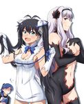  black_hair blue_hair blue_ribbon breast_envy breasts brown_eyes cleavage cosplay dress dungeon_ni_deai_wo_motomeru_no_wa_machigatteiru_darou_ka fang flat_chest freya_(danmachi) freya_(danmachi)_(cosplay) ganaha_hibiki hairband hestia_(danmachi) hestia_(danmachi)_(cosplay) idolmaster idolmaster_(classic) kisaragi_chihaya loki_(danmachi) loki_(danmachi)_(cosplay) long_hair multiple_girls naginoya rei_no_himo ribbon shijou_takane silver_hair simple_background thighhighs twintails 