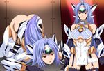  1girl armor ass bare_shoulders blue_hair breasts female garter_straps gloves hair_ornament highres kos-mos large_breasts legs long_hair looking_at_viewer no_panties open_mouth red_eyes serious simple_background skirt solo spec_(artist) standing sweat thighhighs thighs top-down_bottom-up xenosaga 