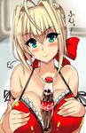  :&gt; ahoge blonde_hair breasts cleavage coca-cola fate/extra fate_(series) green_eyes hair_intakes hair_ribbon large_breasts nero_claudius_(fate) nero_claudius_(fate)_(all) ribbon solo yasakani_an 