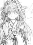  bare_shoulders chicken99 detached_sleeves double_bun greyscale hairband headgear highres japanese_clothes kantai_collection kongou_(kantai_collection) long_hair looking_at_viewer monochrome nontraditional_miko one_eye_closed remodel_(kantai_collection) smile solo 