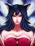  ahri animal_ears bare_shoulders blue_eyes breasts cleavage detached_sleeves facial_mark fox_ears ikhwan_maulana korean_clothes large_breasts league_of_legends lips long_hair looking_at_viewer nose red_background shadow simple_background smile solo symmetry upper_body whisker_markings white_background 