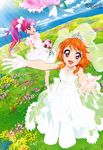  :d absurdres aikatsu! aikatsu!_(series) brown_eyes cloud day dress gloves highres legs multiple_girls non-web_source ocean official_art oozora_akari open_mouth orange_hair otoshiro_seira outdoors pink_eyes ponytail red_hair sky smile tiara watanabe_satomi water wedding_dress 