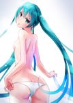  adjusting_clothes adjusting_panties aqua_eyes aqua_hair ass butt_crack from_behind hatsune_miku katsuwo long_hair looking_back panties solo topless twintails underwear underwear_only very_long_hair vocaloid 