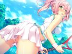  1girl ass blush breasts censored cloud clouds female highres large_breasts legs looking_back marushin_(denwa0214) mosaic_censoring no_panties open_mouth pink_hair pussy racket shirato_usagi sideboob skirt sky solo standing supokon!_sports_wear_complex tennis tennis_uniform thighs twintails uniform upskirt yellow_eyes 