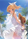  6u_(eternal_land) :d ayase_eli bare_arms bare_shoulders blonde_hair blue_eyes blue_sky bug butterfly cloud coconut cowboy_shot dappled_sunlight day dress floating_hair hair_ribbon hat hat_removed headwear_removed holding holding_hat insect looking_at_viewer love_live! love_live!_school_idol_project open_mouth outdoors palm_tree ponytail ribbon see-through_silhouette sky sleeveless sleeveless_dress smile solo straw_hat sundress sunlight thighs tree white_dress wind wind_lift 