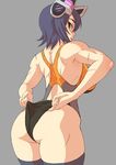  arms_behind_back ass back bare_shoulders bikini breasts brown_eyes competition_swimsuit grey_background headgear kantai_collection large_breasts looking_at_viewer looking_back mikoyan muscle one-piece_swimsuit panties panty_pull parted_lips purple_hair scar short_hair simple_background solo swimsuit tenryuu_(kantai_collection) thick_thighs thighhighs thighs toned underwear wedgie 