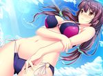  1girl bikini blush breasts brown_hair cleavage cloud clouds embarrassed female game_cg highres large_breasts legs long_hair looking_away marushin_(denwa0214) navel orange_eyes shinohara_katsumi sky solo standing sunlight supokon!_sports_wear_complex swimsuit thighs twintails 