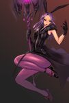  belt black_gloves cloud_strife_(cosplay) dark_background final_fantasy final_fantasy_vii_advent_children final_fantasy_xiv fishnet_pantyhose fishnets gloves gradient gradient_background hyur pantyhose platinum_disco purple_hair sleeveless solo staff 