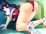  1girl all_fours ass black_hair blush breasts embarrassed feet female from_behind highres large_breasts legs leotard long_hair looking_back marushin_(denwa0214) purple_eyes sneakers solo supokon!_sports_wear_complex terashima_madoka thighs track_jacket 