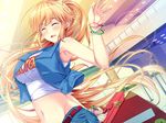  1girl anna_belmonte armpits belt blonde_hair blush breasts eyes_closed female game_cg happy highres jacket large_breasts long_hair luggage marushin_(denwa0214) midriff mole navel open_mouth ponytail shorts smile solo standing supokon!_sports_wear_complex very_long_hair 