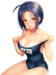  ahoge blue_hair blush breasts brown_eyes cleavage collarbone idolmaster idolmaster_(classic) large_breasts looking_at_viewer miura_azusa nakahara_(fukufuku) one-piece_swimsuit open_mouth pulled_by_self school_swimsuit short_hair simple_background solo swimsuit swimsuit_pull tan tanline tareme white_background 