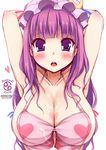  apron arms_up bad_id bad_pixiv_id bare_shoulders blue_ribbon blush breasts cleavage crescent crescent_hair_ornament date_pun hair_ornament hat heart heart-shaped_pupils large_breasts long_hair morita_(moritania) naked_apron number_pun patchouli_knowledge purple_eyes purple_hair red_ribbon ribbon simple_background solo symbol-shaped_pupils touhou white_background 