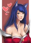  ahri animal_ears bare_shoulders blue_eyes breasts cleavage detached_sleeves facial_mark fox_ears heart highres ikhwan_maulana korean_clothes large_breasts league_of_legends lips long_hair looking_at_viewer nose red_background shadow simple_background smile solo upper_body whisker_markings white_background 