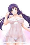  breasts chemise green_eyes grin highres large_breasts long_hair love_live! love_live!_school_idol_project nonoririn panties purple_hair see-through smile solo toujou_nozomi twintails underwear 