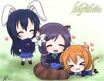  &gt;_&lt; :3 ^_^ animal_ears athyra blush bunny_ears bunny_tail cat_ears cat_tail chibi closed_eyes flower grass hair_flower hair_ornament heart hoshizora_rin lily_white_(love_live!) long_hair love_live! love_live!_school_idol_project multiple_girls open_mouth orange_hair petting purple_hair raccoon_ears raccoon_tail skirt sonoda_umi tail toujou_nozomi x3 