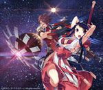  1girl ar_nosurge breasts cleavage delta_lantanoir fighting_stance highres japanese_clothes large_breasts long_hair obi rachette_(ar_nosurge) sash surge_concerto tatsuwo tonfa weapon 
