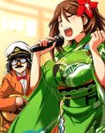  alternate_costume amagi_(kantai_collection) black_hair breasts brown_hair closed_eyes commentary_request disguise funny_glasses furisode glasses guitar hair_between_eyes indoors instrument japanese_clothes kantai_collection katsuragi_(kantai_collection) kimono kobamiso_(kobalt) large_breasts long_hair microphone mole mole_under_eye music obi open_mouth ponytail sash singing wide_sleeves 