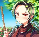  alternate_costume blue_sky blush broom brown_hair day earrings face flower japanese_clothes jewelry kashuu_kiyomitsu long_hair looking_at_viewer male_focus mole mole_under_mouth nail_polish outdoors pippilipi ponytail red_eyes red_nails red_scarf scarf sky solo touken_ranbu tree upper_body 