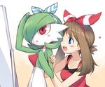  blue_eyes blush brown_hair gardevoir gen_3_pokemon hair_ribbon haruka_(pokemon) heart lowres mirror open_mouth pokemon pokemon_(creature) pokemon_(game) pokemon_oras red_eyes ribbon sidelocks utsugi_(skydream) 