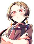  blush brown_hair crossed_arms earrings frown japanese_clothes jewelry kashuu_kiyomitsu long_hair looking_at_viewer male_focus mole mole_under_mouth pippilipi ponytail red_eyes red_scarf scarf sketch solo touken_ranbu upper_body white_background 