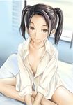  bare_legs black_hair blinds brown_eyes collarbone flat_chest indian_style indoors kobayakawa_rinko looking_at_viewer love_plus naked_shirt nannacy7 on_bed panties shirt short_hair sitting smile solo two_side_up underwear white_panties window 