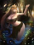  blonde_hair breasts brown_eyes elf forest highres huge_breasts long_hair minami_koyogi nature navel original parted_lips pointy_ears solo thighs torn_clothes 