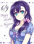  bad_id bad_pixiv_id braid breasts character_name crown_braid dated green_eyes hair_over_shoulder happy_birthday highres long_hair looking_at_viewer love_live! love_live!_school_idol_project medium_breasts morizono_shiki nightgown pink_scrunchie purple_hair scrunchie single_braid smile solo toujou_nozomi 