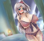  bed blue_eyes blush breast_hold breasts city_lights cleavage condom curtains hair_bobbles hair_ornament huge_breasts hydrant_(kasozama) lamp long_hair looking_at_viewer navel night night_sky nipples panties pussy_juice room shinki side_ponytail silver_hair sky smile solo sweat touhou touhou_(pc-98) underwear window 