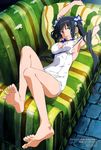  :d absurdres animage armpits arms_up bangs bare_shoulders barefoot bell black_hair blue_bow blue_eyes blue_ribbon bow bowtie breasts cleavage cleavage_cutout couch covered_navel damaged dress dungeon_ni_deai_wo_motomeru_no_wa_machigatteiru_darou_ka dutch_angle feet foreshortening from_above full_body hair_bell hair_ornament hair_over_shoulder hair_ribbon hestia_(danmachi) highres hiyamizu_yukie indoors knees_up large_breasts legs long_hair long_legs looking_at_viewer lying naughty_face no_bra non-web_source official_art on_back open_mouth parted_lips pillow pillow_hug pov_feet rei_no_himo relaxed ribbon scan short_dress sideboob skindentation sleeveless sleeveless_dress smile soles solo spread_toes stone_floor striped toes twintails vertical_stripes very_long_hair white_dress wiggling_toes 