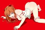  all_fours ass barefoot blue_eyes breast_press breasts highres jpeg_artifacts long_hair mebae neon_genesis_evangelion open_mouth orange_hair panties panties_around_one_leg red red_background saliva saliva_trail simple_background small_breasts solo souryuu_asuka_langley strap_slip tank_top top-down_bottom-up underwear white_panties 