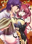  1boy 1girl ass blush breasts chocolate earring earrings jewelry large_breasts magi_the_labyrinth_of_magic mamemix purple_hair red_hair ren_kougyoku sinbad_(magi) vertical-striped_legwear 