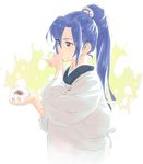  apron blue_eyes blue_hair food food_on_face highres housewife kappougi kazanari_tsubasa long_hair murakami_hisashi onigiri ponytail rice rice_on_face senki_zesshou_symphogear solo 