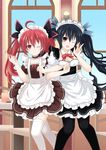  black_hair candy creator_connection date_a_live food itsuka_kotori lollipop maid multiple_girls neptune_(series) noire one_eye_closed pantyhose red_hair thighhighs tsukaze twintails v 