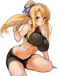  bike_shorts blonde_hair blue_eyes blush breasts character_request copyright_request hair_ribbon large_breasts long_hair midriff navel perky_breasts pointy_ears ponytail ribbon sachito simple_background smile solo sports_bra white_background 