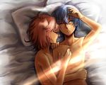  2girls akuma_no_riddle azuma_tokaku bed blue_eyes ichinose_haru multiple_girls nude pillow red_hair scar short_hair sleeping yuri 